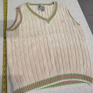 Lilly Pulitzer Womens Cream Cable Knit Sweater Vest Pink Green Trim Palm Tree S